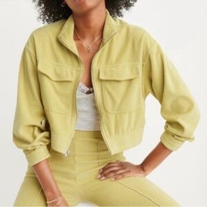 Aerie Groove On Velour Corduroy Cropped Jacket Small Zip Up Lime Green Artsy NWT
